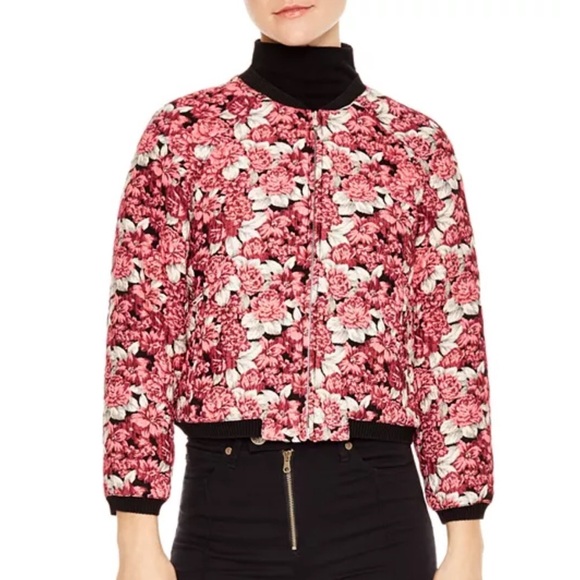 Sandro Jaquard EVORA FLORAL-PRINT CROPPED BOMBER JACKET IN PINK sz 0 US XS - Picture 1 of 7